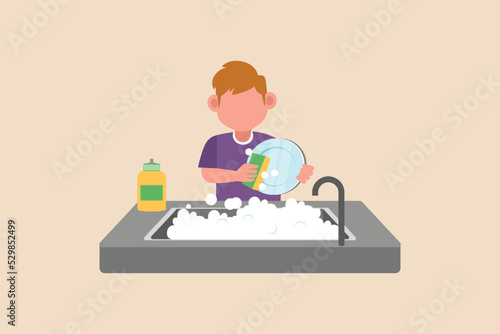 Happy little boy wash dish in the kitchen. Cleaning concept. Flat vector illustrations isolated.
