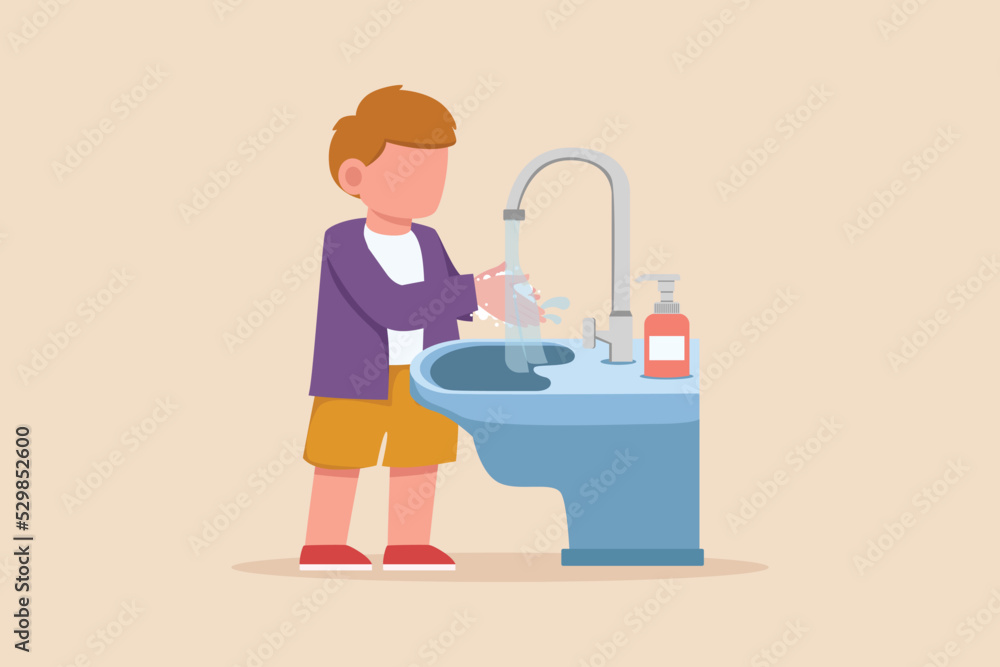 Happy little boy washing his hand in sink. Cleaning concept. Flat vector illustrations isolated.