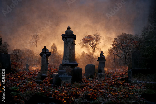 Old abandoned cemetery on a sunny autumn morning.Digtal art