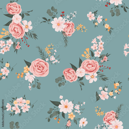 Contemporary floral print with small garden flowers on field for digital background and textile in millefleur style ,ornate vector template