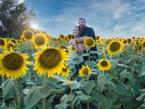 Man Hugging Woman in Large Kansas Sunflower Field photo