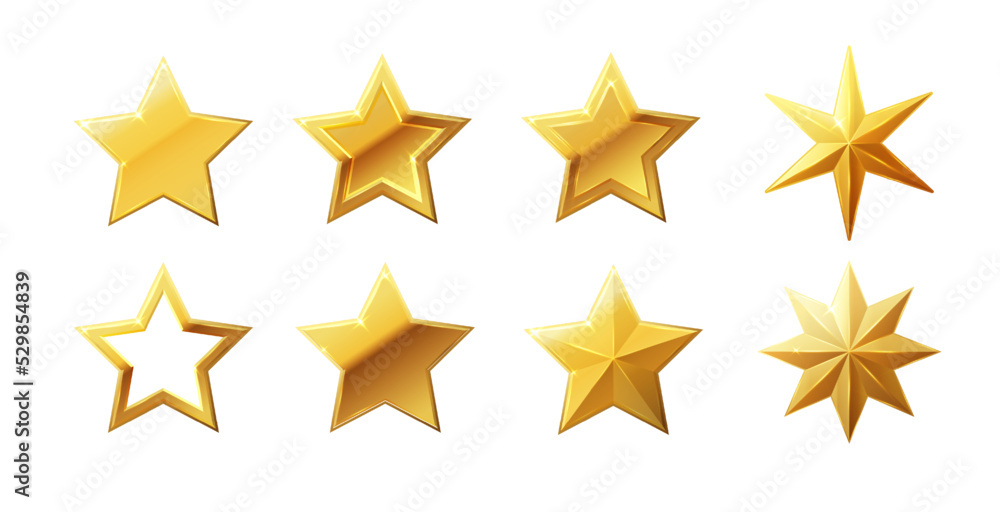 Vector stars set of realistic metallic golden stars isolated on white background. Glossy yellow 3D trophy star icon. Vector stars set of realistic metallic golden stars isolated on white background. Glossy yellow 3D trophy star icon.