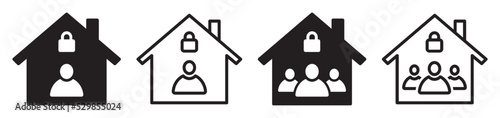 Set of home quarantine icons. Stay self isolated, virus protection alert, safe from corona. House icon with person inside. Vector illustration.