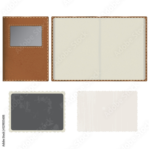 Vector set. An album in a leather cover with a window for a photo. The album is in an open form with cardboard gray pages. Vintage style photo cards with patterned edges. © pal1983