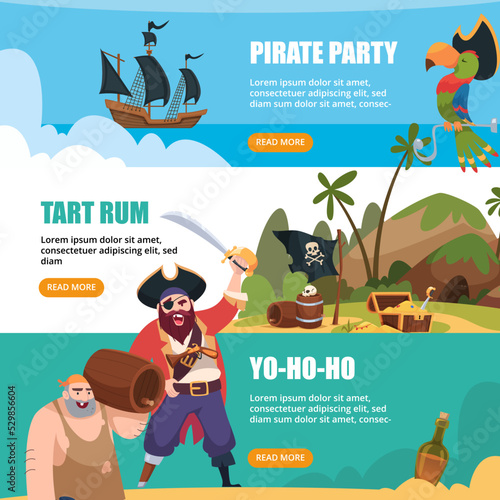 Pirate banners. Captain aggressive filibuster with weapons treasure island pirate colored parrot swanky vector cartoon set with place for text