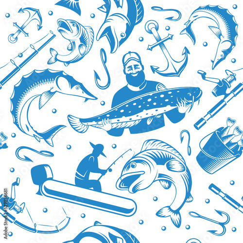 Fishing pattern. Active hobby wild river or ocean fishes hunters with fishing rod swanky vector seamless monochrome background