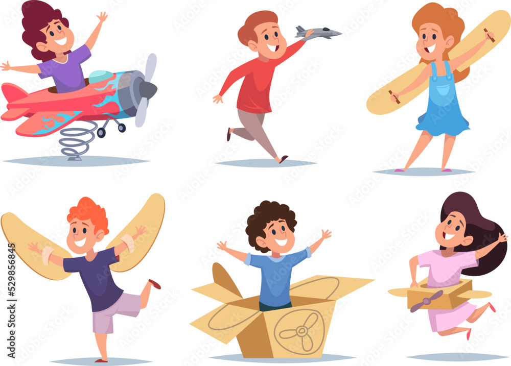 Kids pilots. Children playing in action poses running in aviator costumes modeling crafting airplane wings exact vector professional pilot clothes Kids pilots. Children playing in action poses running in aviator costumes modeling crafting airplane wings exact vector professional pilot clothes