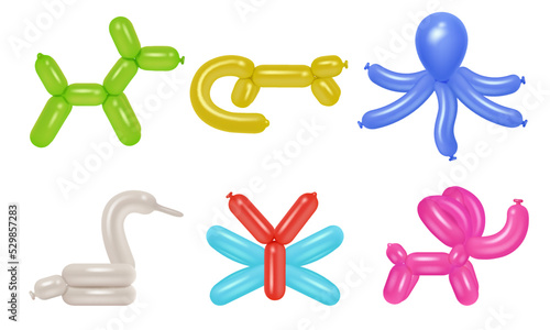 Balloon animals. Party festival rubber pets colored balloons for kids decent vector realistic templates