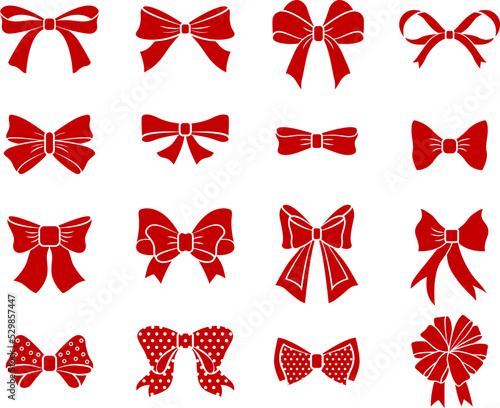 Flat red bows. Scarlet bow ribbons silhouettes, cartoon holiday presents and christmas gifts knot icons