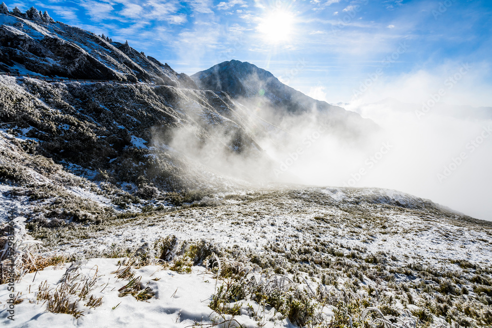 The snow covered most of the mountains and forests in Hehuan Mountain of Nantou, Taiwan. Taroko National Park is one of Taiwan's most popular tourist attractions.