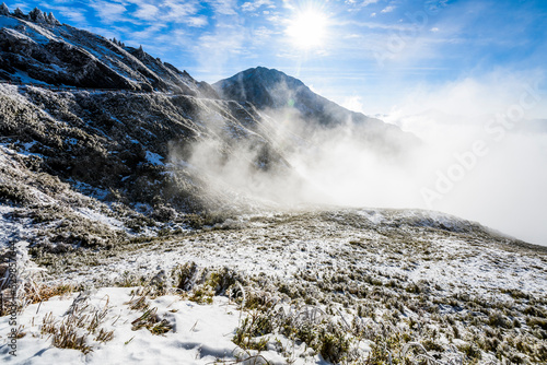 The snow covered most of the mountains and forests in Hehuan Mountain of Nantou, Taiwan. Taroko National Park is one of Taiwan's most popular tourist attractions.