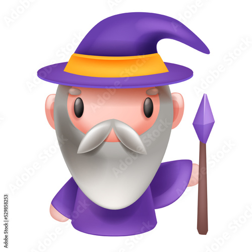 Wizard RPG game vector character logo, wise Merlin icon, bearded old warlock, cute cartoon 3D mascot. Medieval sorcerer, big hat, magic staff, Halloween fantasy badge. Mysterious wizard character