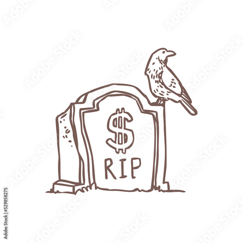 Dead money sketch vector - hand drawn illustration of gravestone with dollar sign isolated on white background. Doodle dollar tombstone for economic and financial crisis concept