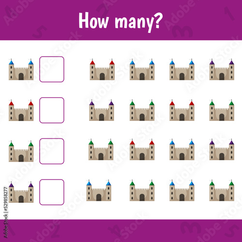 How many castles are there. Count the number and write. Math worksheet for kids.