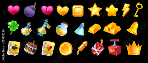 3D game icon set, cartoon magic potion vial, vector casino slot object, level up award assets, bomb. Firework cracker, UI collection pink broken heart, crown, playing cards. Game icon interface kit