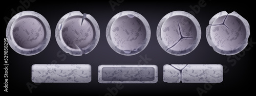 Stone vector button set, RPG UI rock frame game asset, cracked round granite texture icon kit. Medieval isolated circle oblong border, GUI nature material object panel. Interface stone button blocks