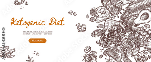 Ketogenic diet doodle banner - various ingredients and keto meals on horizontal flyer with copy space. Hand drawn dishes for healthy eating and weight loss - poster with sketch diet foods and product
