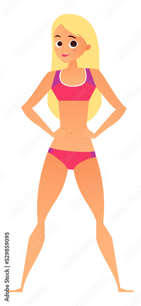 Standing woman in red bikini. Pretty cartoon character Standing woman in red bikini. Pretty cartoon character