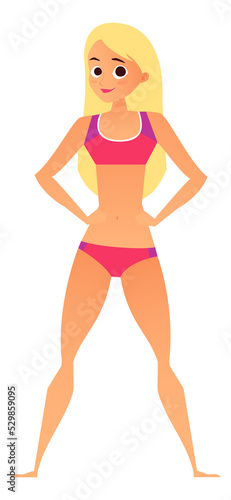 Standing woman in red bikini. Pretty cartoon character