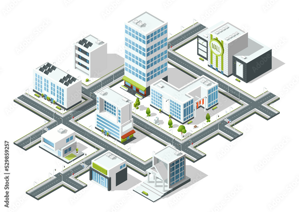 Isometric city. Downtown landscape with big office buildings