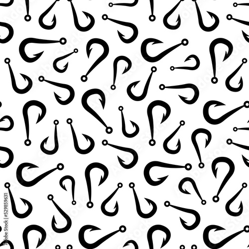 Small black fishing hooks isolated on white background. Monochrome seamless pattern. Vector simple flat graphic illustration. Texture.
