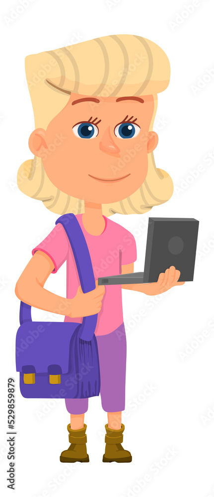 Cute blonde girl with laptop and school bag. Cartoon student character Cute blonde girl with laptop and school bag. Cartoon student character