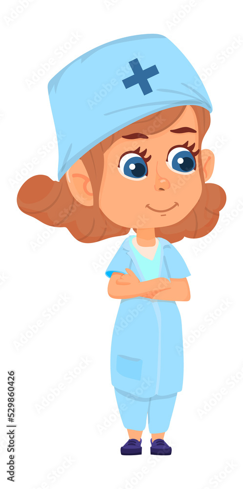 Medical doctor. Nurse girl icon. Cartoon kid in blue scrubs Medical doctor. Nurse girl icon. Cartoon kid in blue scrubs