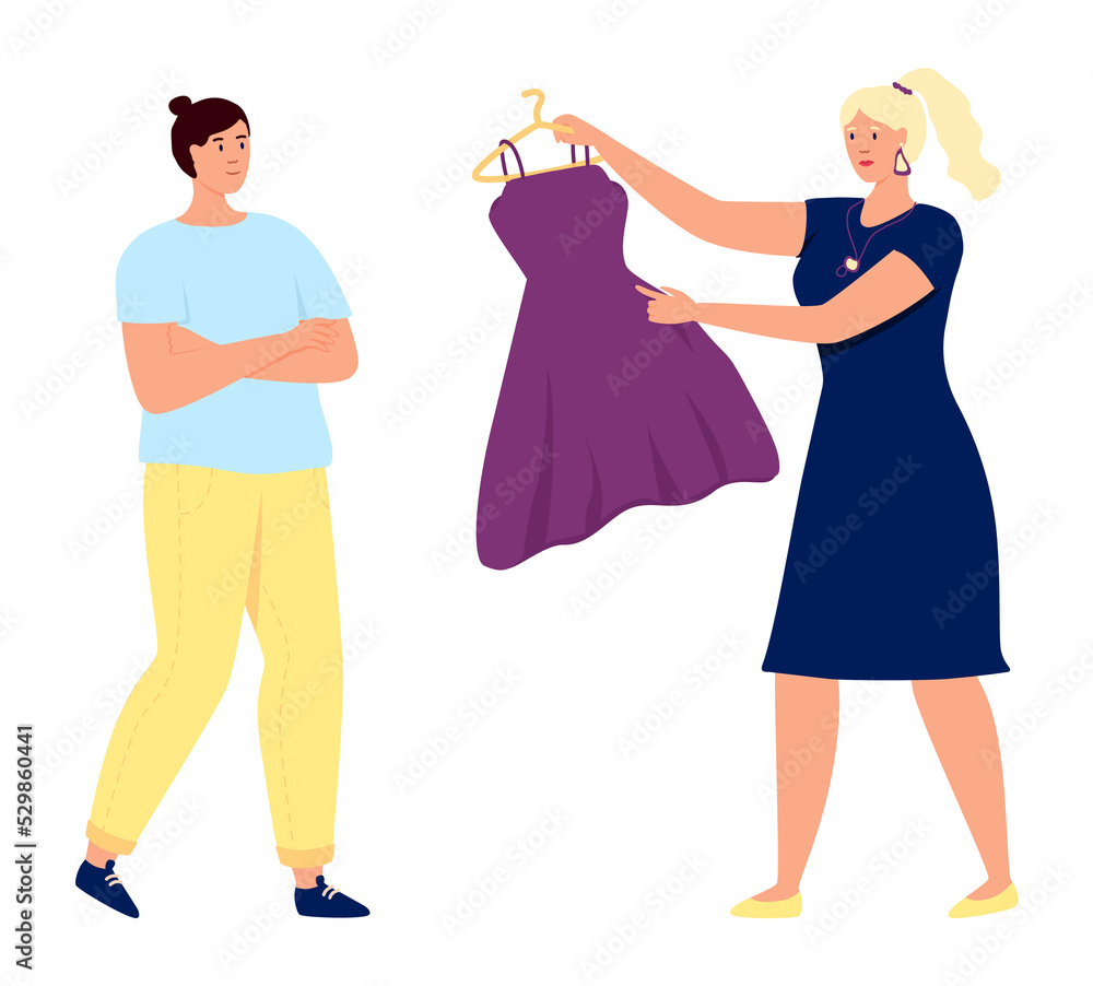 Women choosing dress. People buying clothes in trendy modern style Women choosing dress. People buying clothes in trendy modern style