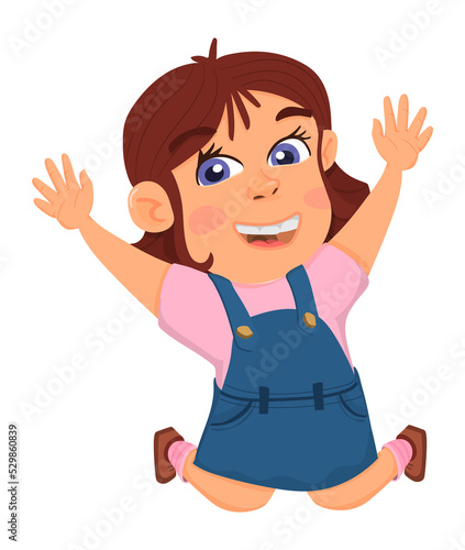 Jumping girl. Happy laughing kid. Fun cartoon character