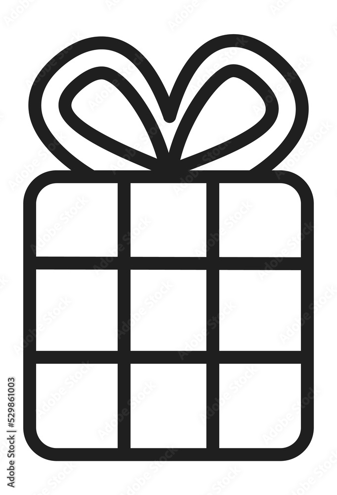 Wrapped gift box with bow. Black line icon Wrapped gift box with bow. Black line icon