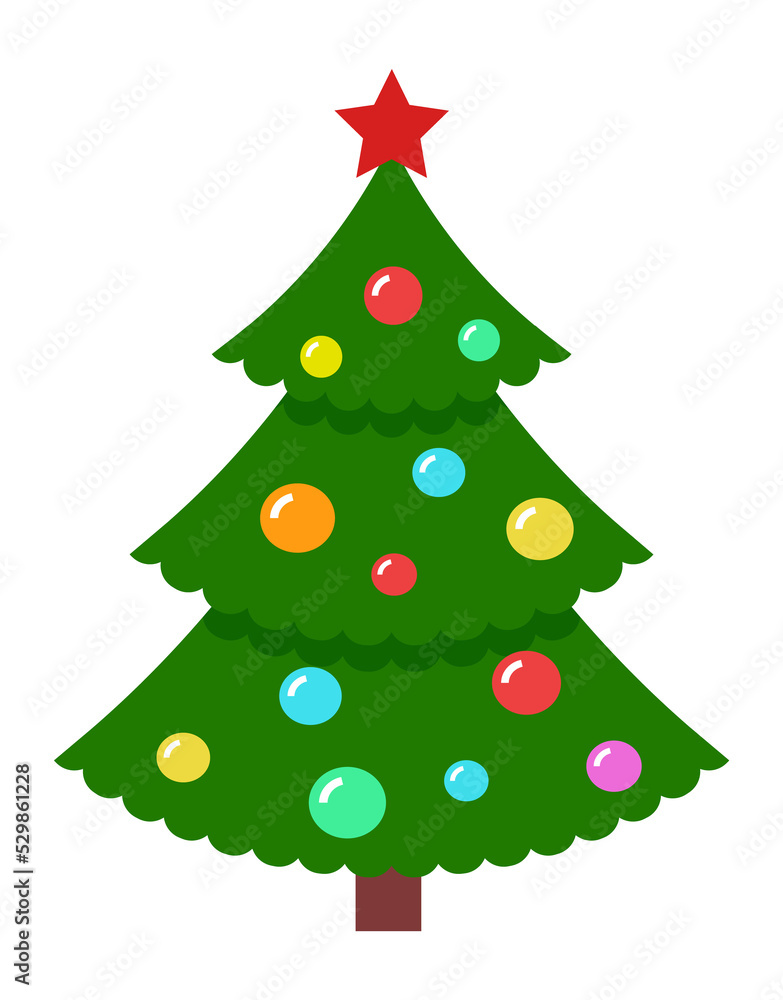 Christmas tree with glass balls and red star. Traditional holiday symbol Christmas tree with glass balls and red star. Traditional holiday symbol