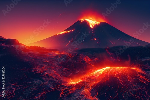 explosive volcano with burning lava  neon light. Dark futuristic nature scene  3d render  Raster illustration.