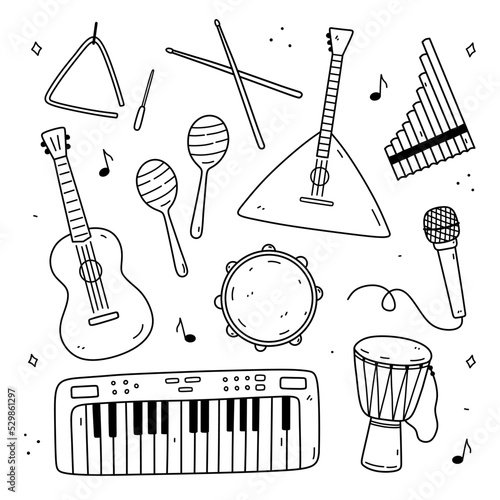 Cute doodle set of musical instruments - triangle, drumsticks, balalaika, pan flute, guitar, maracas, tambourine, microphone, djembe drum, electronic keyboard. Vector hand-drawn illustration.