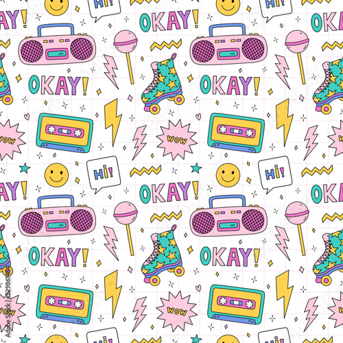 Bright seamless pattern with items from the nineties - quad roller skates, retro cassette tape and music boombox, lightnings, smile, lollipop, stars on checkered background. Nostalgia for the 1990