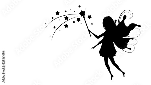 Abstract Black Line Silhouette Fairy With Wings And A Magic Wand Vector Icon Nature Design Style Decoration Cartoon Background Isolated