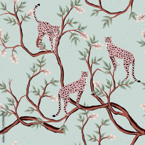 Cheetah animals, tree seamless pattern. Exotic botanical floral wallpaper. © good_mood