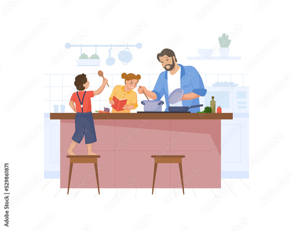 Father and children prepare soup. Family cooking together, men cook food at kitchen, eating dinner, home meal, eat at culinary table, vector illustration