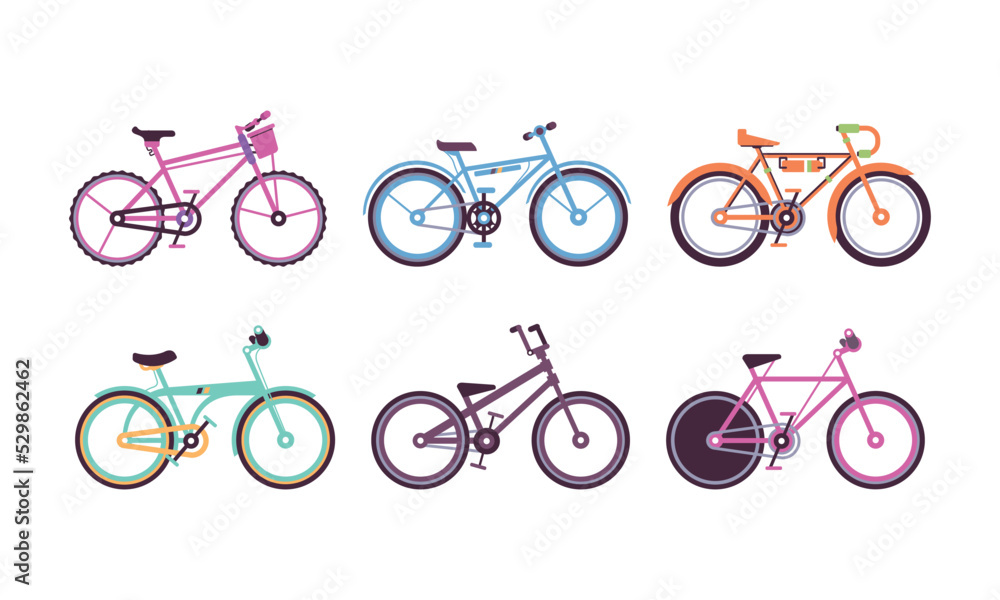 Different Bicycles or Cycle with Pedal and Two Wheels Attached to Frame Vector Set Different Bicycles or Cycle with Pedal and Two Wheels Attached to Frame Vector Set