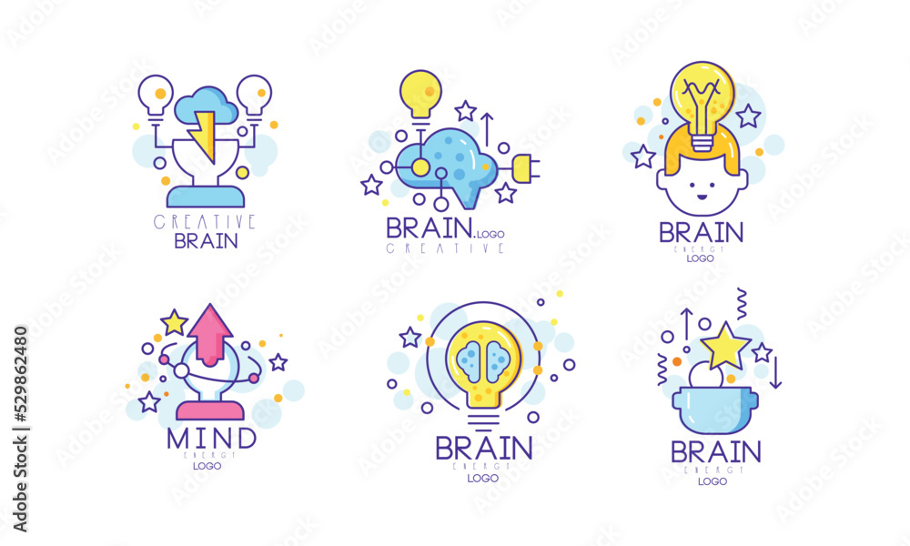 Brain and Creative Mind Logo Design with Man Head and Light Bulb Vector Set
