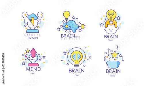 Brain and Creative Mind Logo Design with Man Head and Light Bulb Vector Set