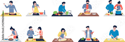 Guy cooking on home kitchen with cookware. Person cook dinner and bake, food preparation. People catering meals, healthy salad and bakery, recent vector scenes