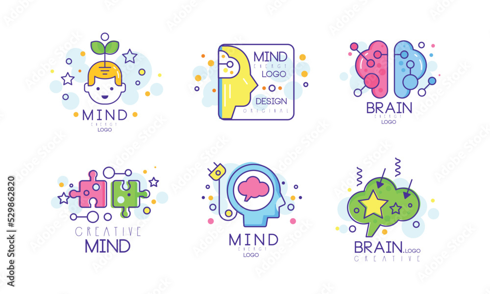 Brain and Creative Mind Logo Design with Man Head and Jigsaw Puzzle Vector Set
