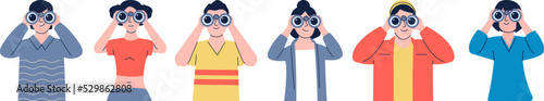People look through binocular. Search love with binoculars, cartoon guy girl characters looking and research. Business perspectives search, recent vector set