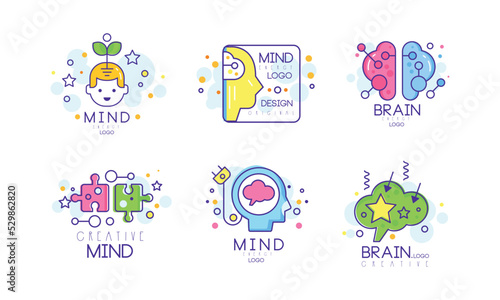 Brain and Creative Mind Logo Design with Man Head and Jigsaw Puzzle Vector Set