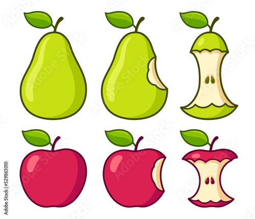 Pear and apple eating cartoon drawing set