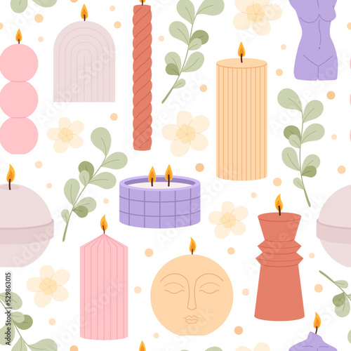 Doodle wax candle seamless pattern. Spa meditation relax background. Yoga or aromatherapy candles, wick fire home decoration racy vector print