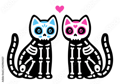 Black skeleton cats couple with Mexican painted skulls