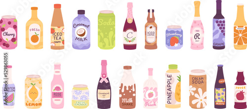 Drink bottles set. Carbonated lemonade, beer, soda drinks in bottle and aluminum can. Sparkle champagne refreshment, juice racy vector collection