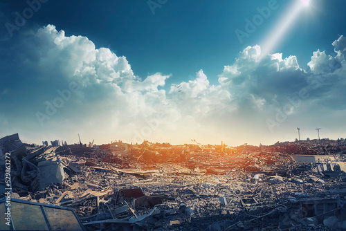 Apocalyptic landscape, the remains of destroyed rubble under a blue sky.