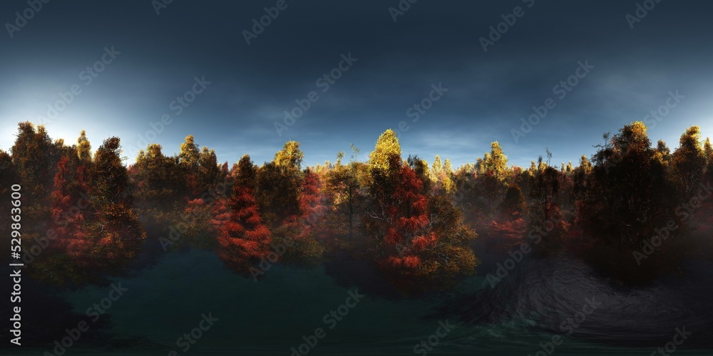 Fototapeta premium Panorama of the autumn landscape. HDRI, environment map , Round panorama, spherical panorama, equidistant projection, panorama 360, 3d rendering